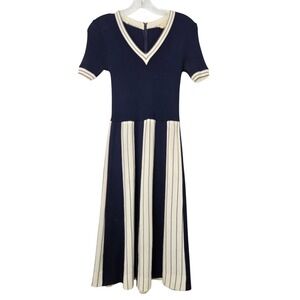 Vtg ARBE Italy Sz M Knit Midi Tennis Dress Blue Cream Stripe V Neck Short Sleeve